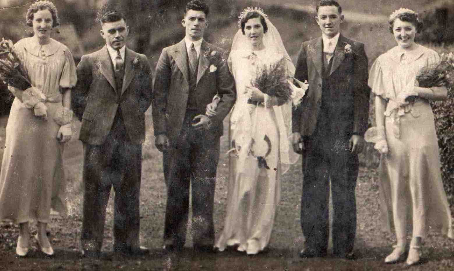  - Johnny-Whitfield-and-Rose-Morris-wedding.-L-r-Unknown-Dennis-Whitfield-Bride-and-Groom-Unknown-Irene-Marsh.-Photo-courtesy-of-Doreen-Wheelhouse-nee-Windle