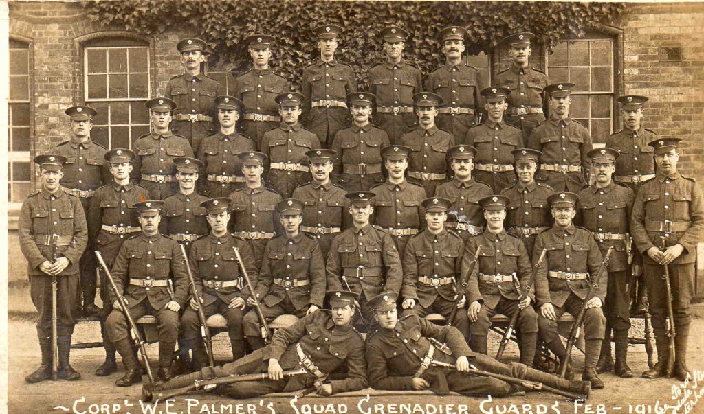 Corporal W.E. Palmers Squad February 1916. Private Bertram Hall reclining bottom left. Photograph courtesy of Barbara Cawkwell.