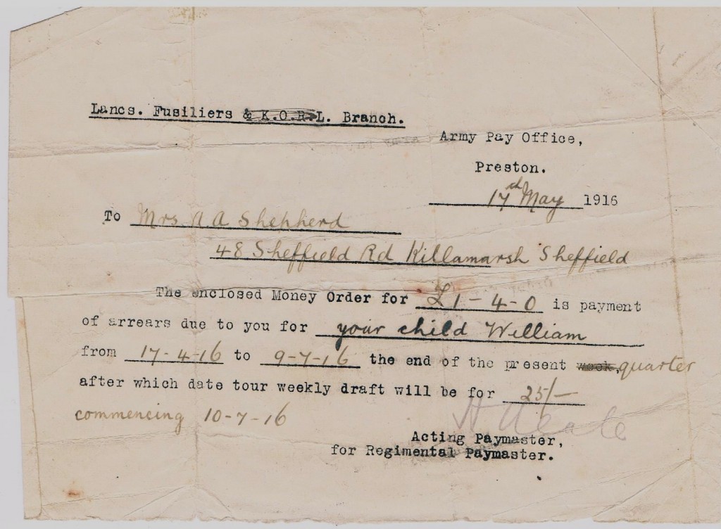 Money Order sent to Mel's grandma Annie Amelia Shepherd for her 4th child William Shepherd Mel's dad